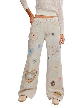 Free People Cream Straight-Leg Heart Patch Jeans